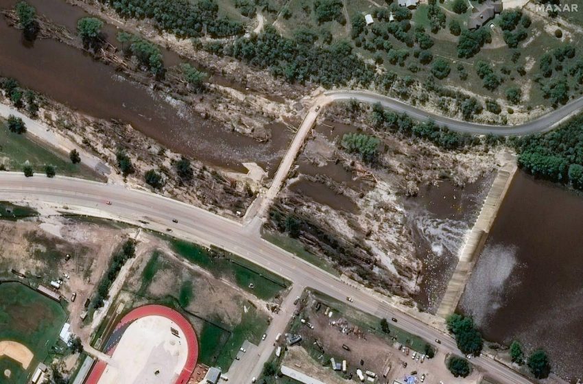 Imagens de satélite mostram danos extensos por alagamentos no Texas.