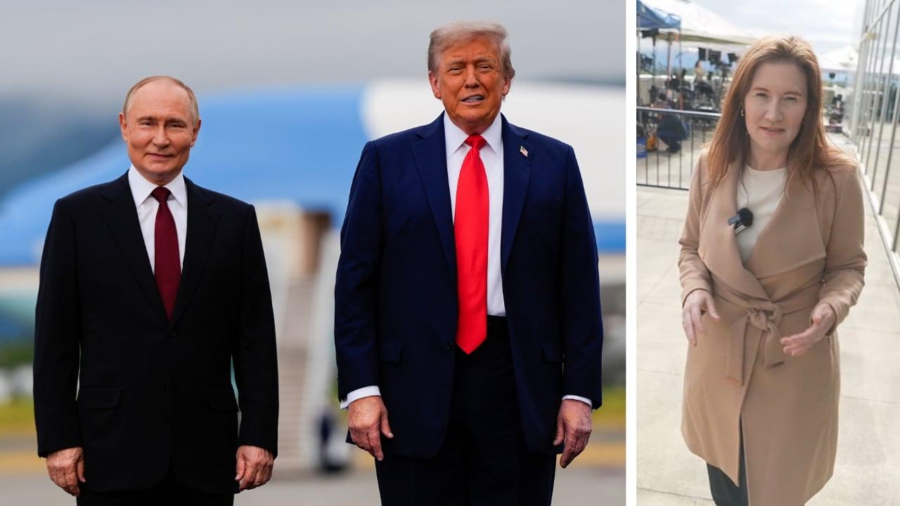 Por trás das câmeras no centro de mídia Trump-Putin.